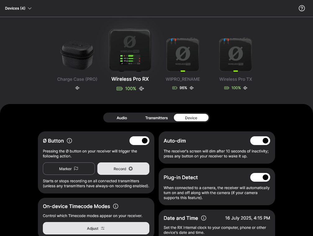 Wireless PRO backlight option in RØDE Central